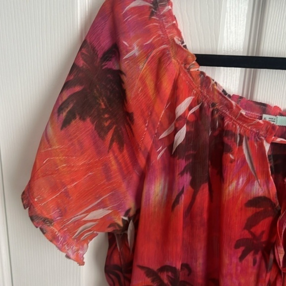Maurices Palm Tree Blouse Sheer Tie Neck Short Sleeve Red XL - Picture 2 of 10